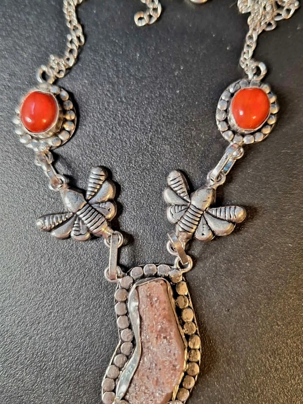 Indigo Lizard 925 Silver Raw Amethyst & Red Coral Dragonfly Statement Necklace
